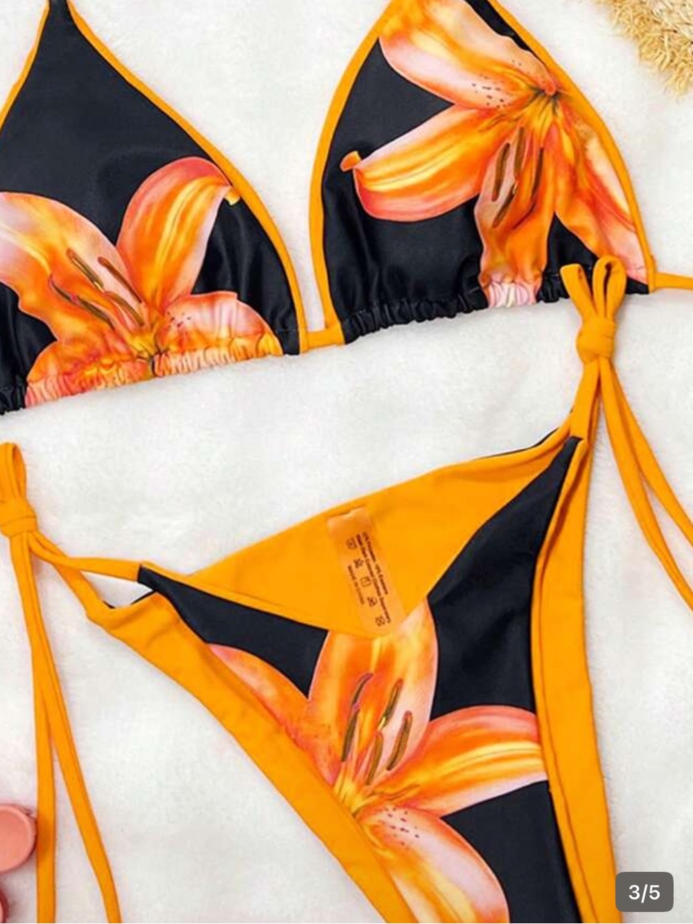 SHEIN Black and Orange Floral Triangle String Bikini